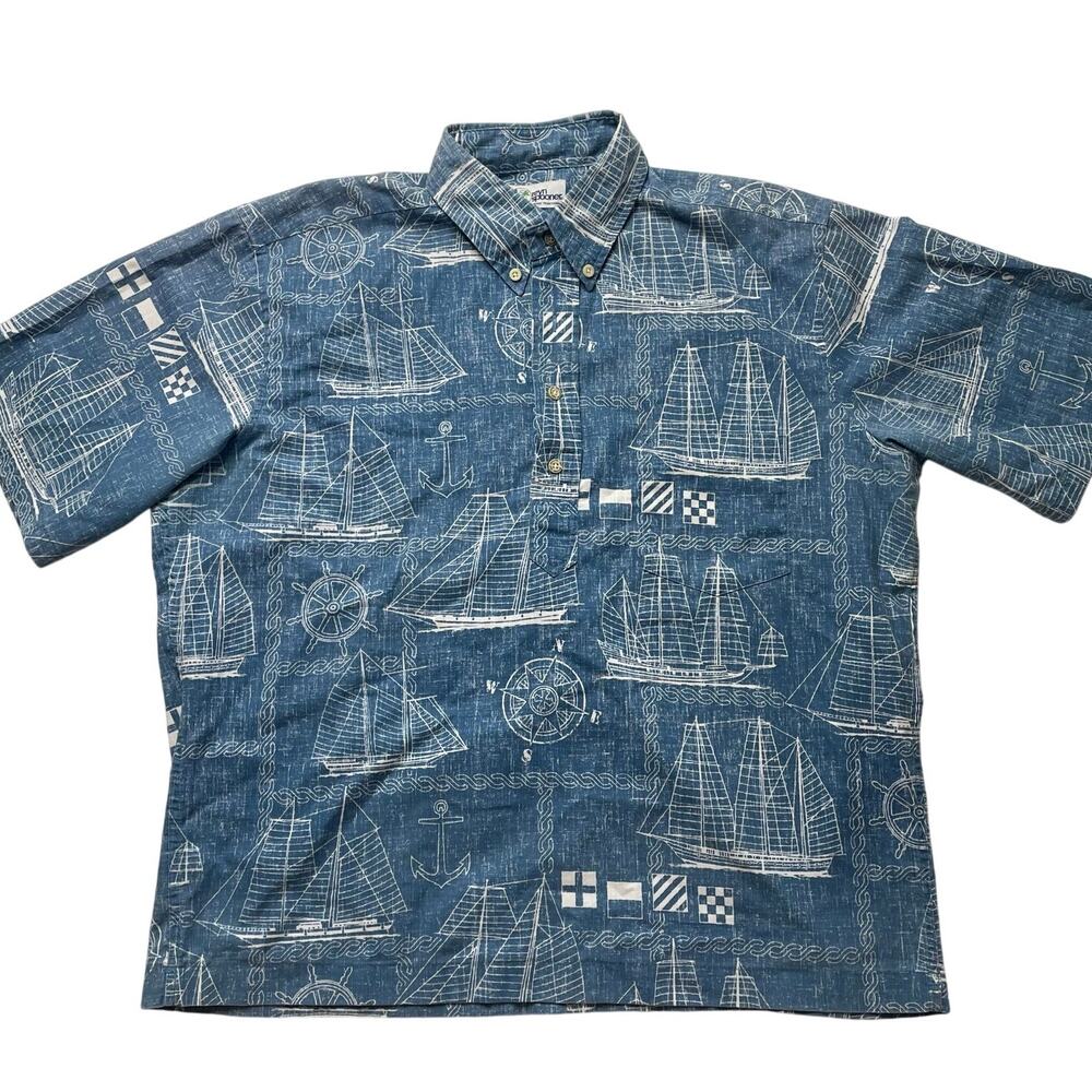 Vintage Reyn Spooner Nautical Blue Sailor Polo Shirt Medium Men's Cotton Blend
